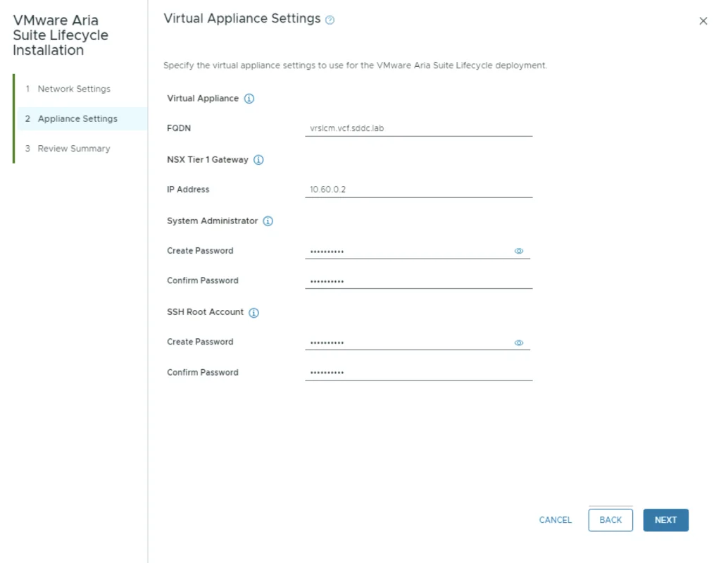 Configure appliance settings for VMware Aria Suite Lifecycle 8.18 deployment.