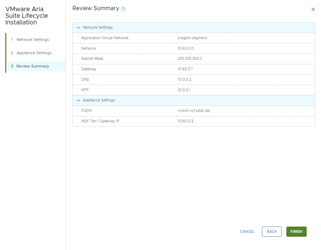 VMware Aria Suite Lifecycle 8.18 installation review summary showing network and appliance settings.