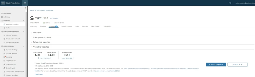 The image shows the “Updates” tab in VCF 5.1.0, highlighting available upgrades to 5.2.0.