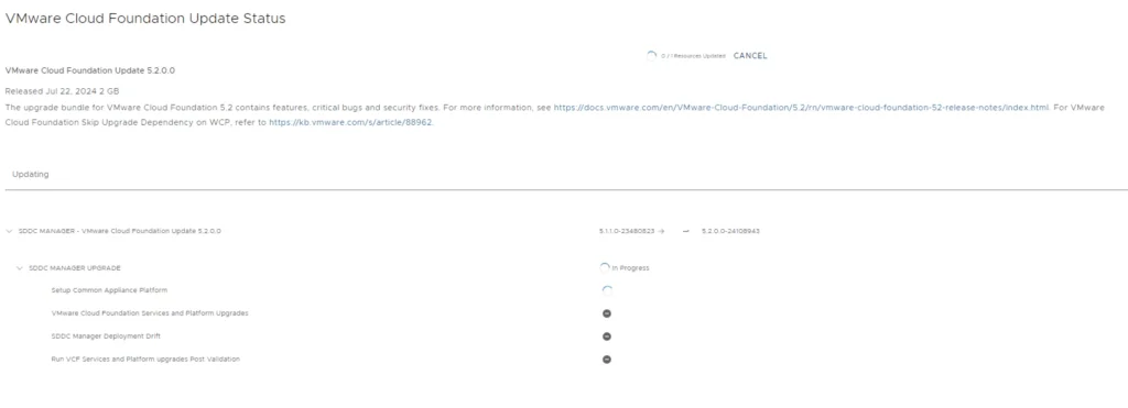 Upgrading VMware Cloud Foundation 5.x to 5.2.0.0 in progress.