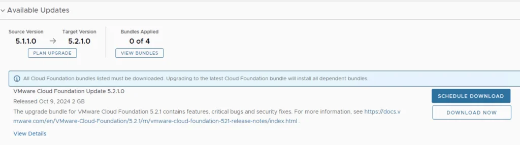 The screenshot shows a step in upgrading VMware Cloud Foundation, with an option to download the 5.2.1 update bundle.