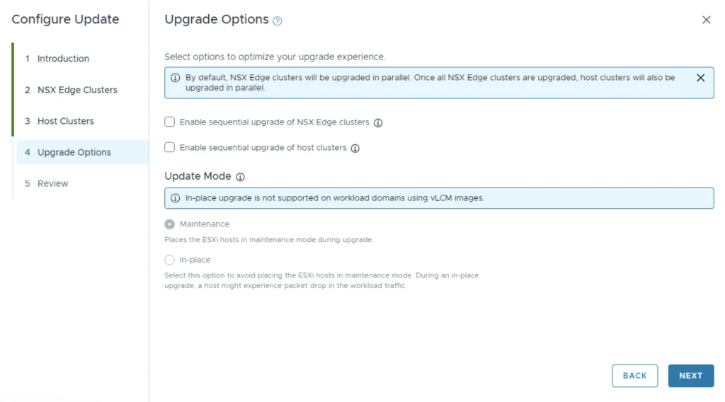 Configure upgrade options for NSX Edge and host clusters, choose maintenance or in-place mode.