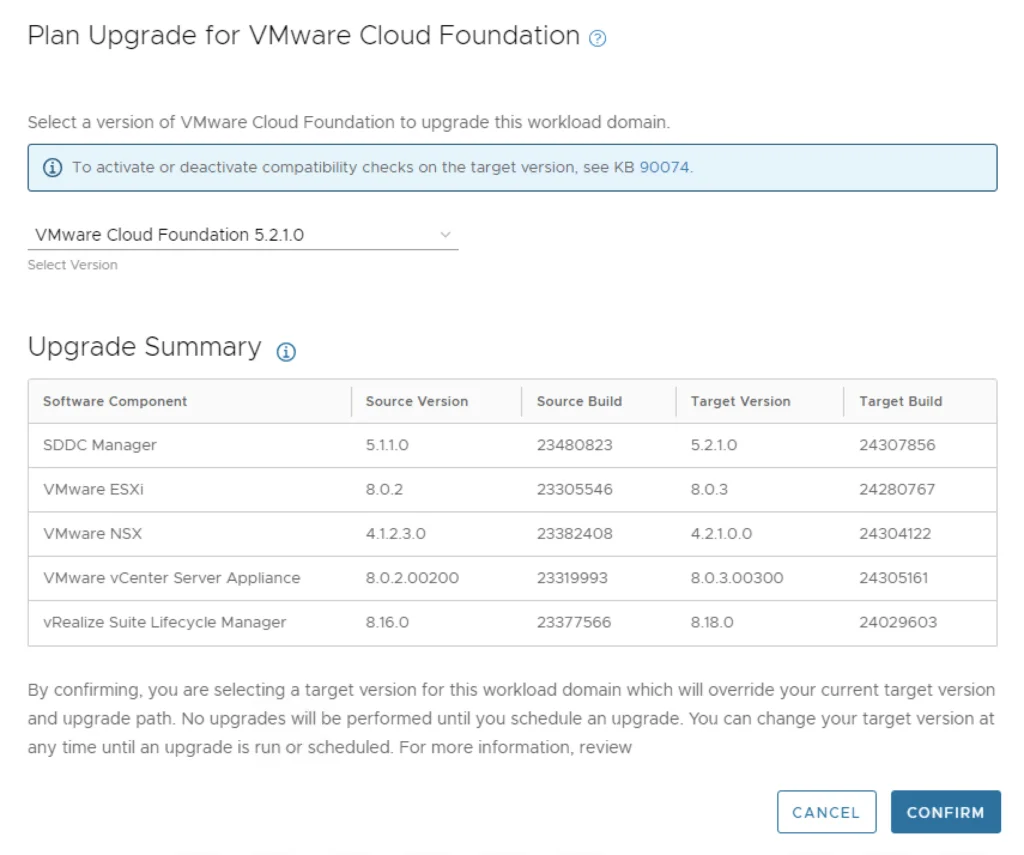 Plan Upgrade for VMware Cloud Foundation shows version selection and upgrade summary for components.