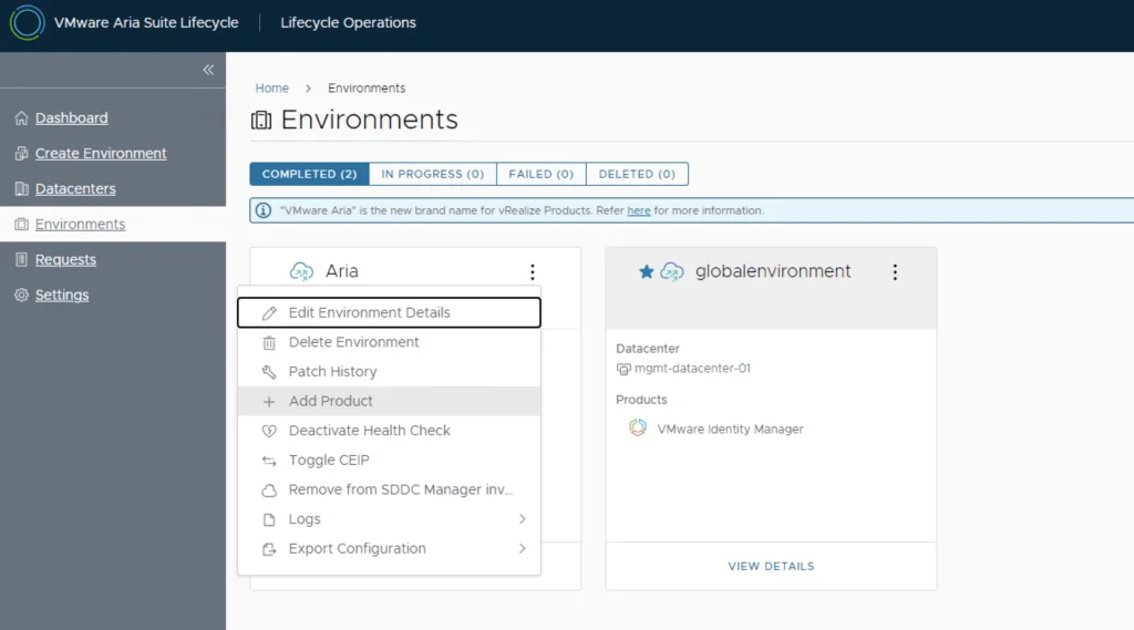 VMware Aria Suite Lifecycle dashboard showing environments, datacenters, and options for managing products.