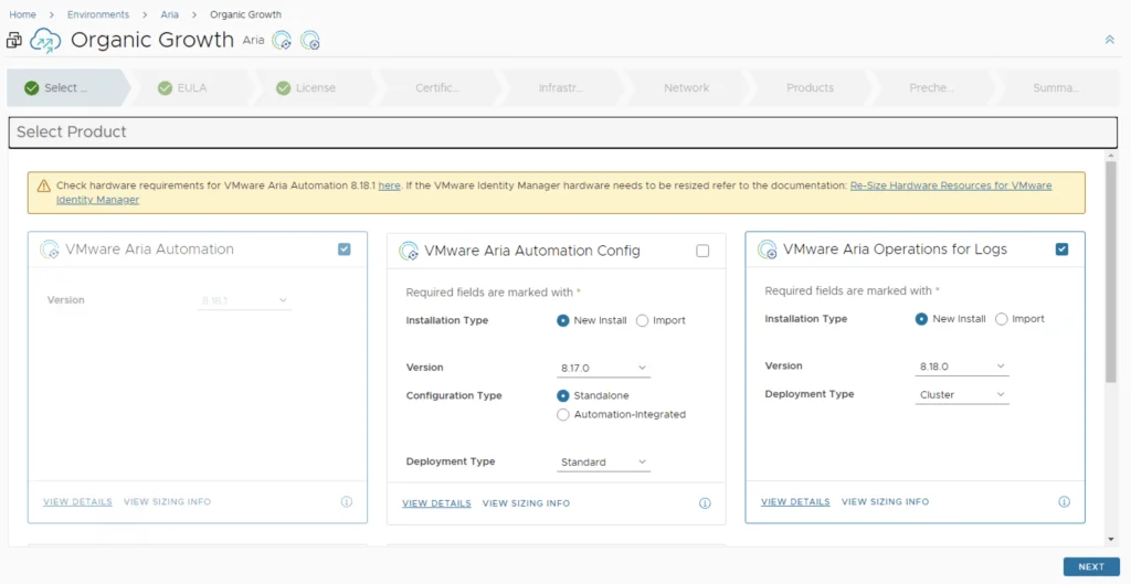 Select VMware Aria Operations for Logs, choose version, and deployment type.