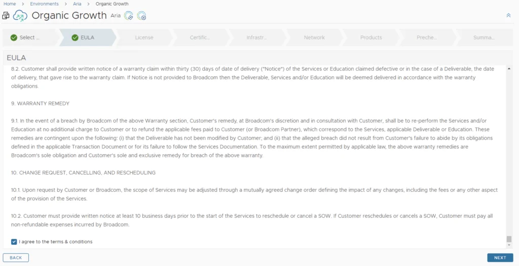 EULA step in VMware Aria Operations for Logs deployment guide.