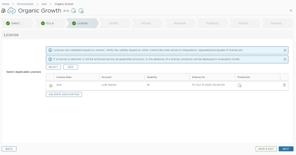 Licensing tab shows selecting or adding a license, with a note on validating associations and clicking Next.