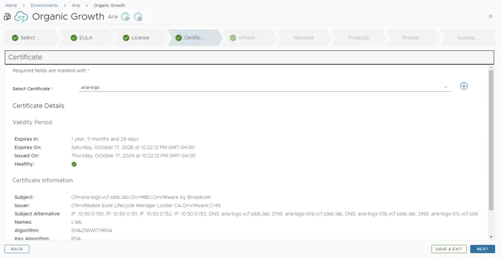 In the Certificate tab, select ‘aria-logs’ and proceed to the next step.
