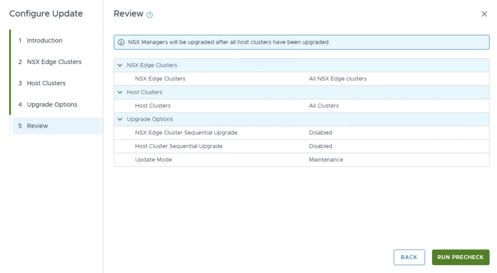 Configure Update Wizard Review step shows NSX upgrade options and status.
