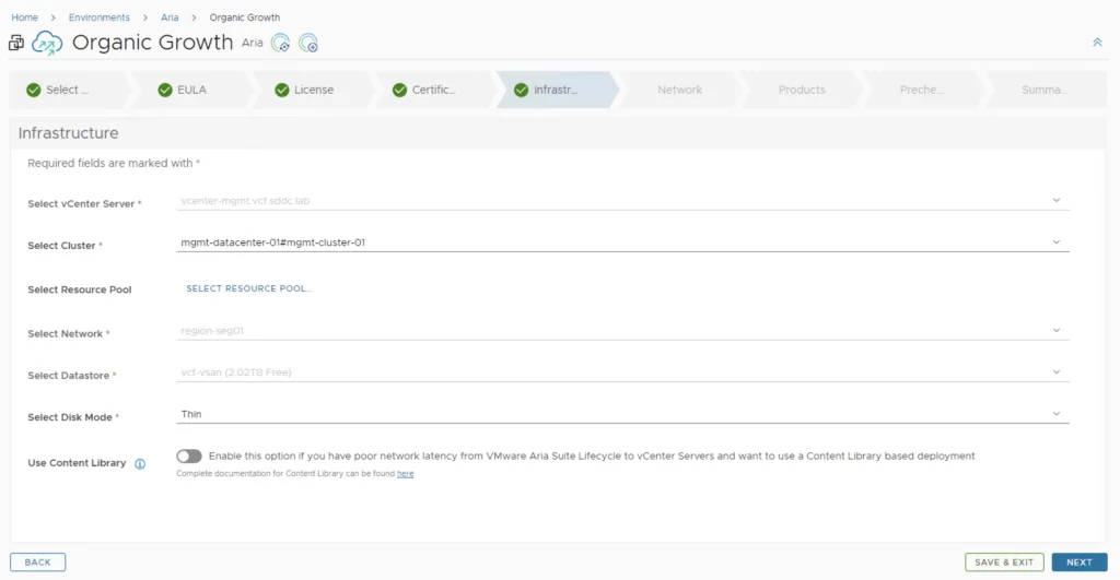 Infrastructure setup in VMware Aria Operations for Logs deployment wizard.