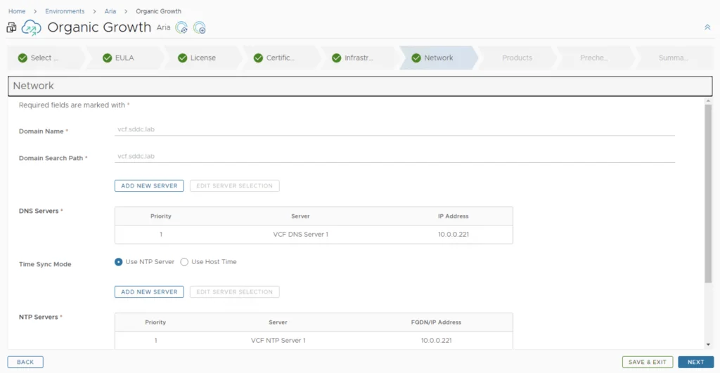 Network settings for VMware Aria Operations for Logs in VCF 5.2.1, ready for review.