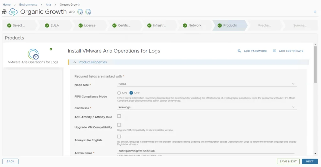 Installing VMware Aria Operations for Logs in a VCF 5.2.1 environment.