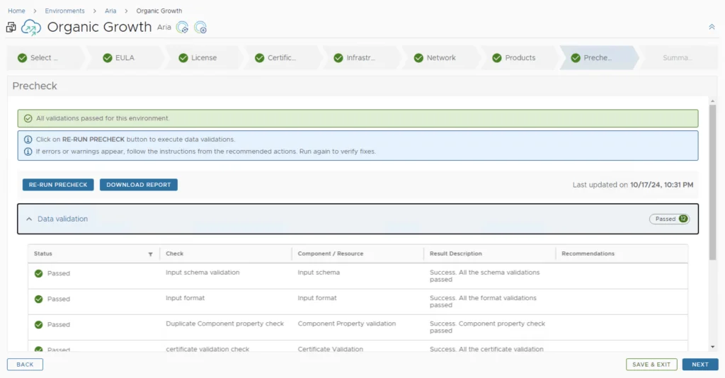 The image shows a precheck step in a VMware Aria Operations for Logs deployment wizard, confirming all validations passed.