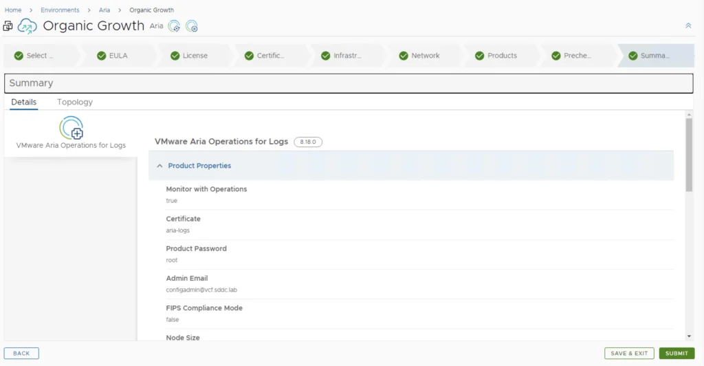 Summary step showing VMware Aria Operations for Logs details.