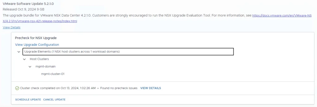 The image shows a VMware Software Update precheck interface with upgrade elements and a completed cluster check.