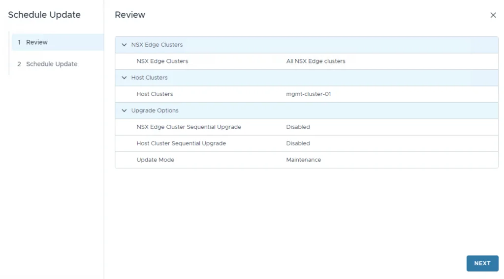 Review page for upgrading NSX Edge and Host Clusters in VCF 5.x, showing options and settings.