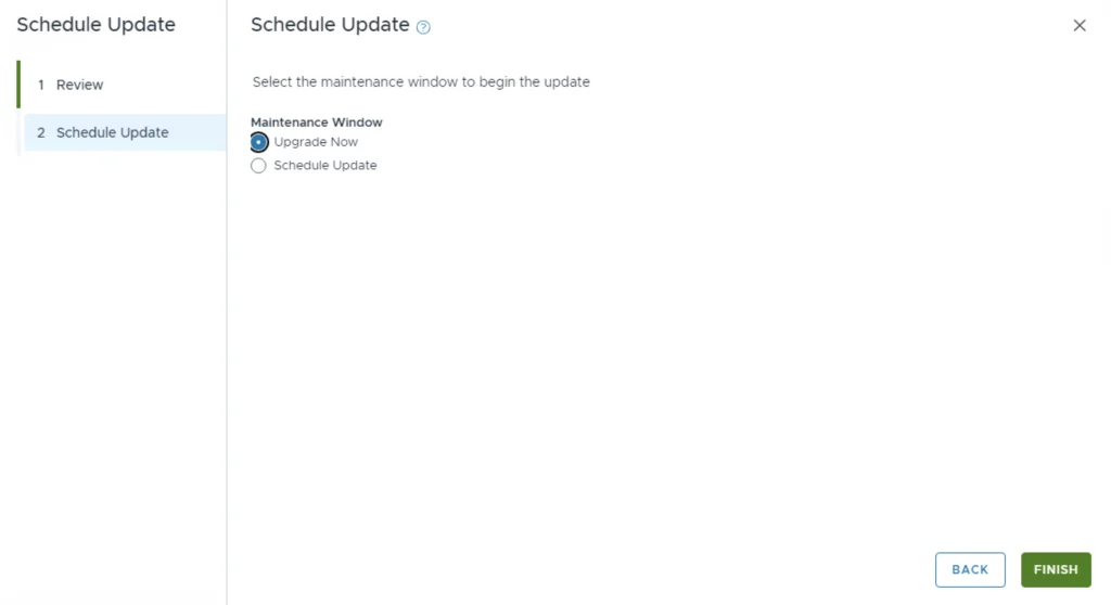 Upgrade wizard step showing “Schedule Update” with options to “Upgrade Now” or “Schedule Update.