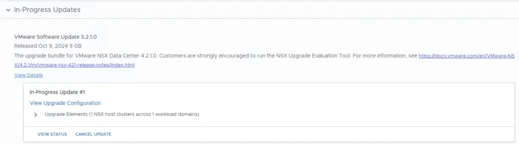 Upgrade status shows NSX host clusters across workload domains.