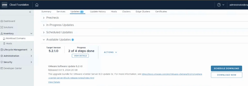 The image shows a VMware Cloud Foundation update page with a scheduled download option for vCenter Server 8.0 Update 3c.