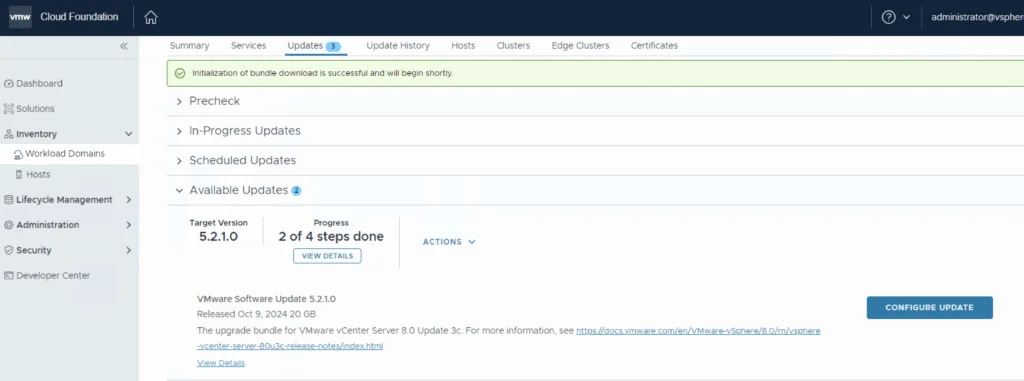 The image shows a VMware Cloud Foundation update progress page with a “Configure Update” button.