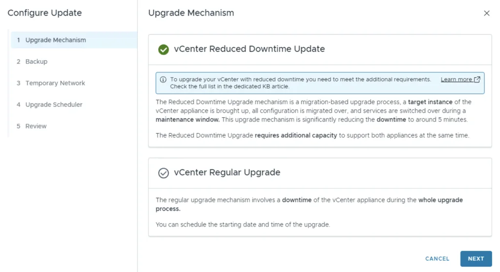 Upgrade Mechanism step shows 2 options: Reduced Downtime and Regular Upgrade. Select one and click Next.