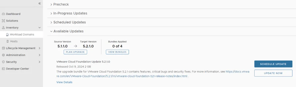 UI shows upgrade details for VCF 5.2.1, including version, bundles, and update options.