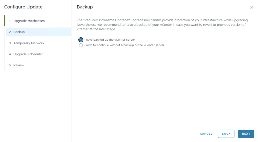 Backup step in VCF upgrade wizard confirms backup status.