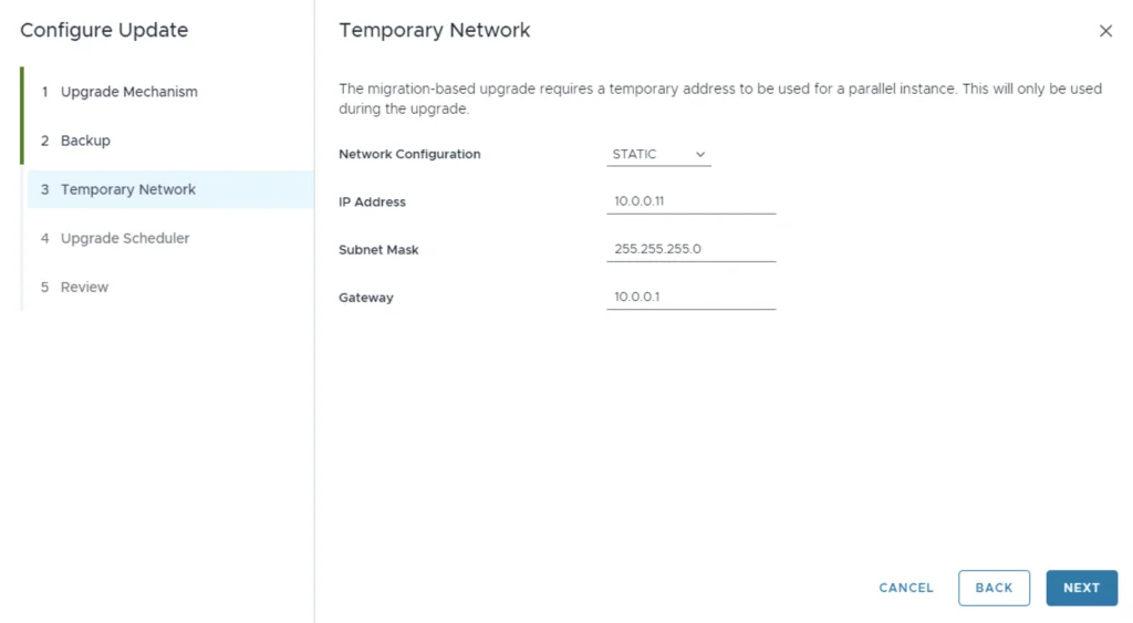 Configure temporary network settings for VCF upgrade, then click Next.