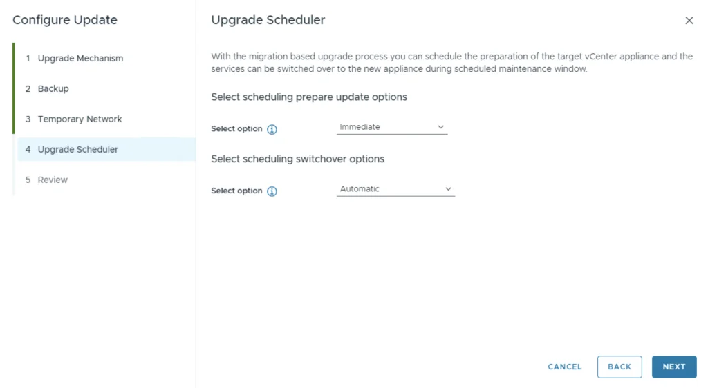 Configure update wizard step showing scheduling options for upgrade.