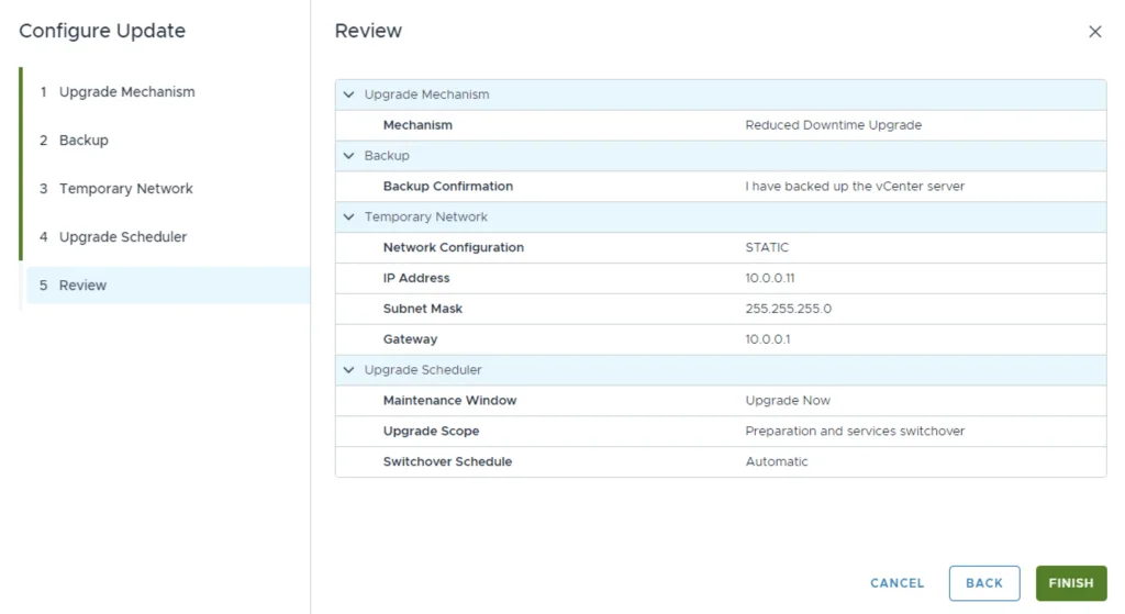 Review upgrade settings for VCF 5.x to 5.2.1; click Finish to proceed.