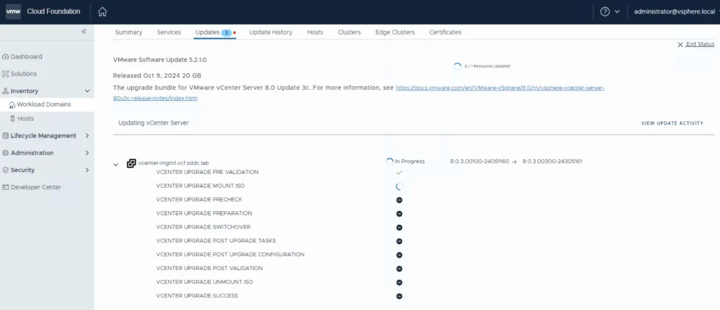 Upgrading vCenter Server as part of VCF 5.2.1 update.