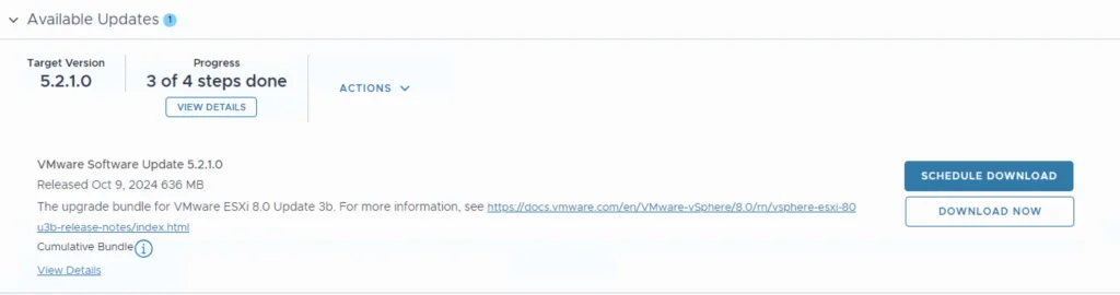 Upgrading VCF 5.x to 5.2.1, ESXi 8.0 Update 3b download available.
