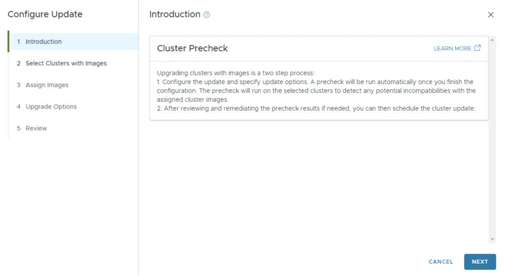 The image shows the “Introduction” step of the VCF upgrade wizard, detailing the cluster precheck process.