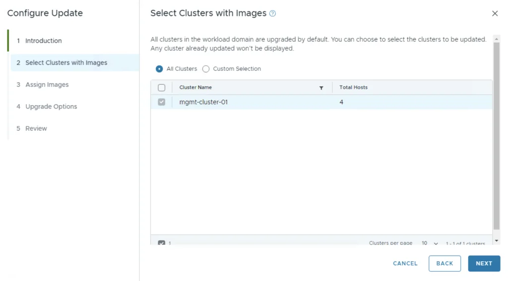 Selecting “mgmt-cluster-01” for upgrade in VCF 5.x to 5.2.1.