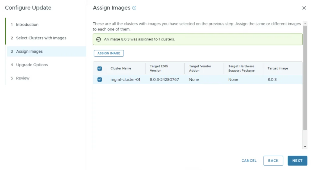 The image shows the “Assign Images” step in a VCF upgrade wizard, confirming image assignment to a cluster.