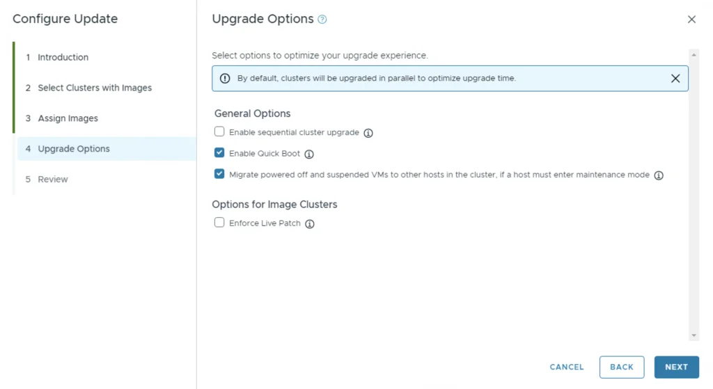 Upgrade Options screen for VCF 5.x to 5.2.1 upgrade, showing options to enable sequential upgrade, quick boot, and evacuate offline VMs.