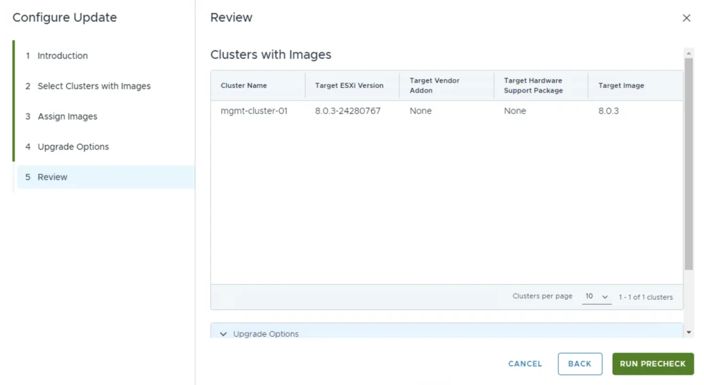 Review page showing cluster details for upgrade, including ESXi version and image.