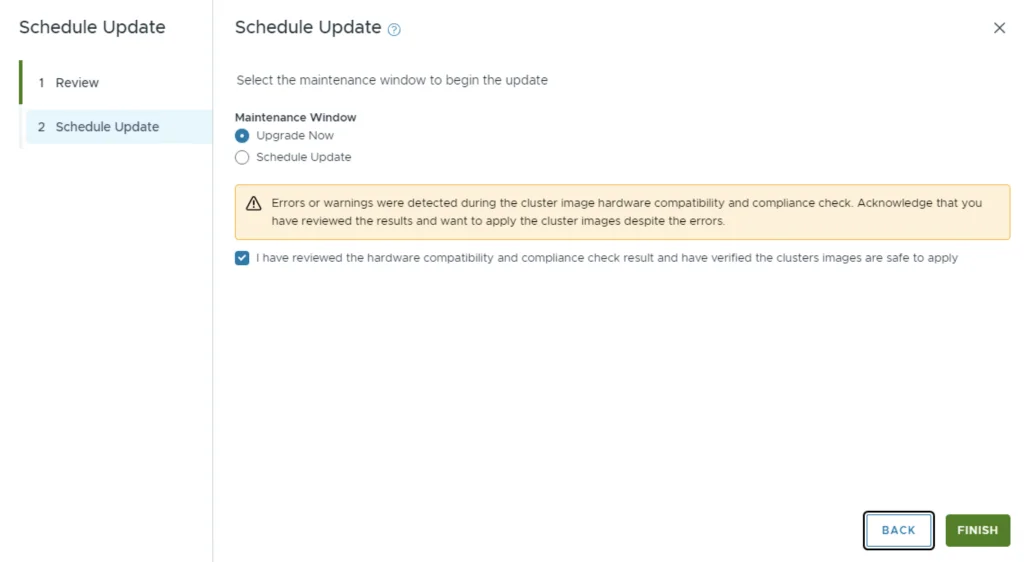 The “Schedule Update” step in a wizard shows maintenance window options and a warning about hardware compatibility issues.