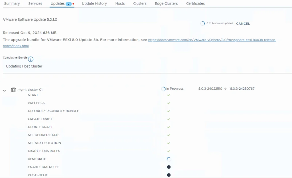 Upgrading VCF 5.x to VCF 5.2.1 in progress, showing update steps and progress bar.