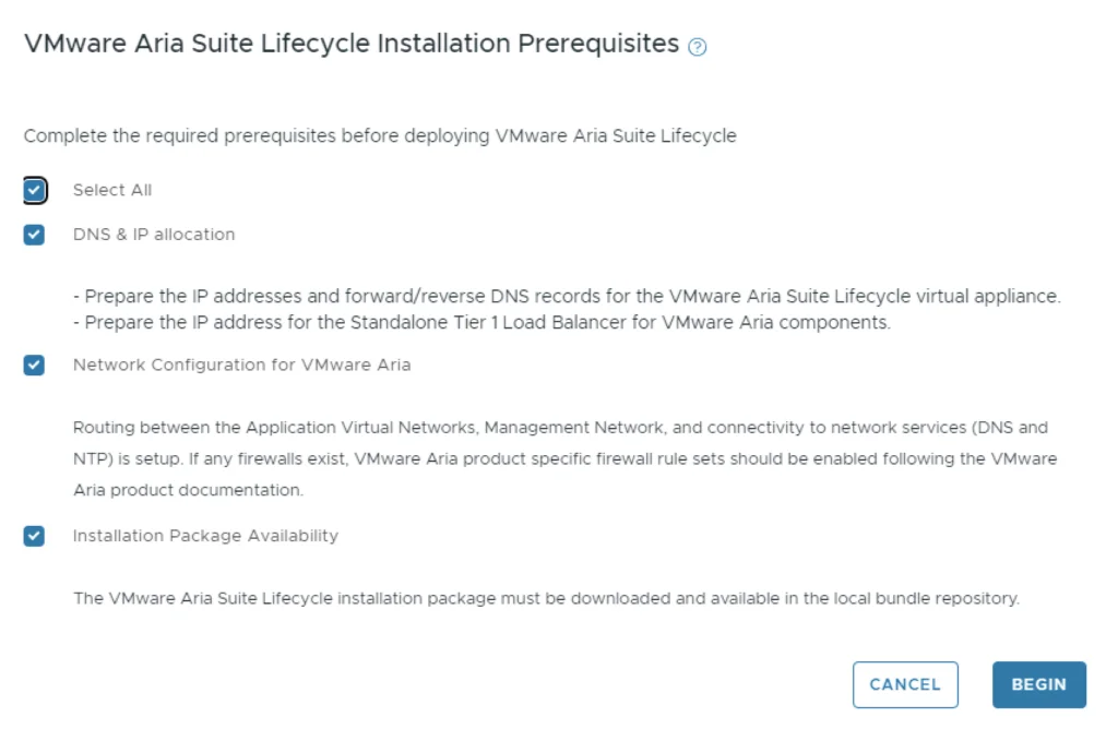 Prerequisites for VMware Aria Suite Lifecycle installation are displayed, including DNS/IP allocation, network configuration, and installation package availability.