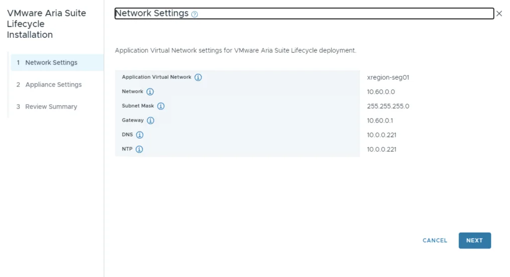 Network settings for VMware Aria Suite Lifecycle deployment.