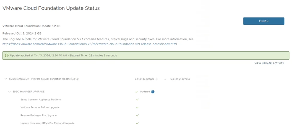 Update applied successfully; click Finish to return to main screen.