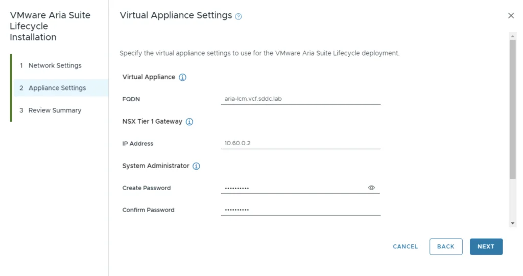 Virtual appliance settings for VMware Aria Suite Lifecycle deployment, including FQDN, NSX Gateway, IP, and passwords.