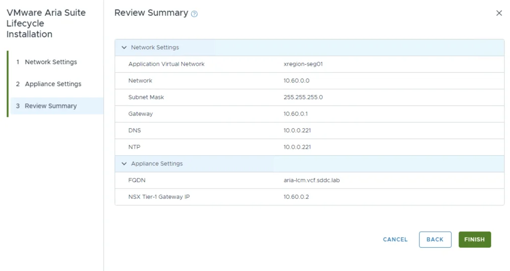 Review Summary step showing network and appliance settings for VMware Aria Suite Lifecycle 8.18.