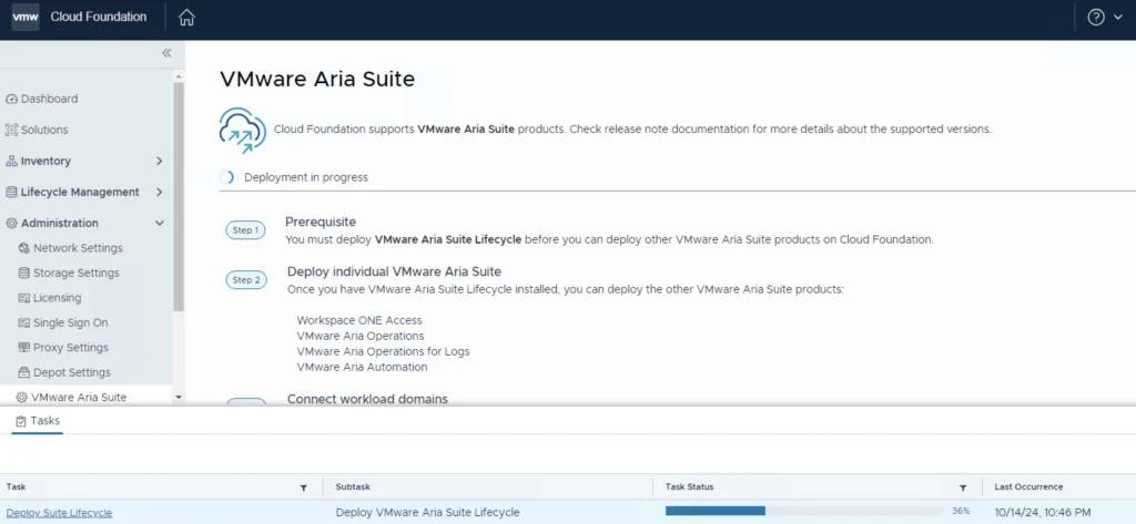 VMware Aria Suite deployment in progress; lifecycle deployment task at 36%.