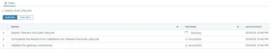 The image shows a task list with subtasks for deploying the VMware Aria Suite Lifecycle, including running and successful statuses.