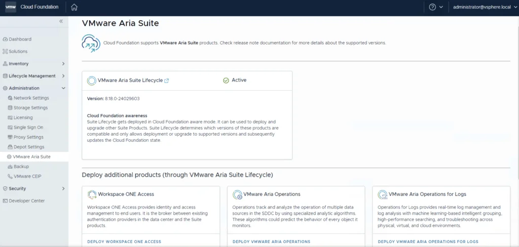 The image shows the VMware Aria Suite Lifecycle section with version details and options to deploy additional products like Workspace ONE Access, VMware Aria Operations, and VMware Aria Operations…