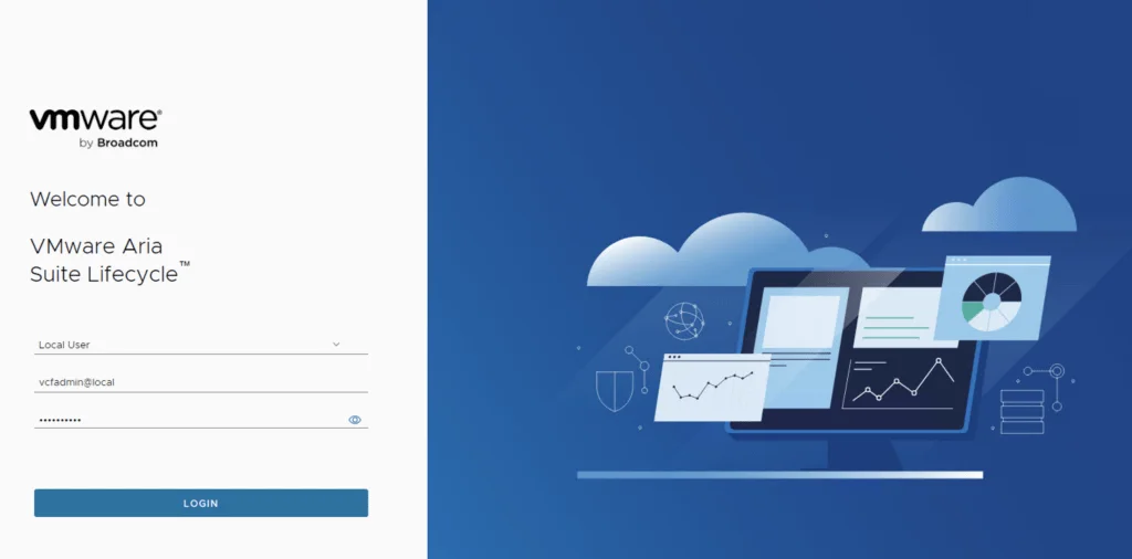 Login screen for VMware Aria Suite Lifecycle with username and password fields.
