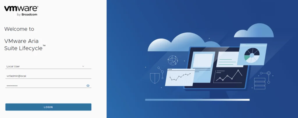 Login screen for VMware Aria Suite Lifecycle, showing local user and password fields.