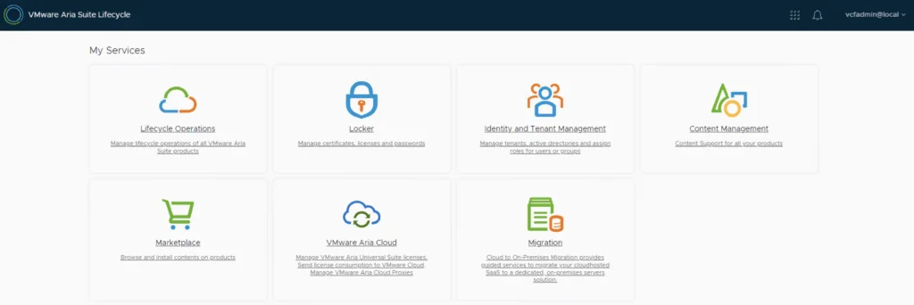 The screenshot shows a menu with options like Lifecycle Operations, Locker, Identity and Tenant Management, and others for managing VMware Aria Suite lifecycle operations in a VCF 5.2.1 environment.